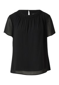 Zwarte blouse met korte mouwen, een geplooide halslijn en licht doorschijnende stof bij de mouwen en zoom, voorzien van een keyhole-knopsluiting aan de achterkant.