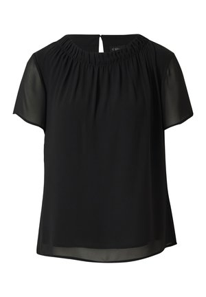 Zwarte blouse met korte mouwen, een geplooide halslijn en licht doorschijnende stof bij de mouwen en zoom, voorzien van een keyhole-knopsluiting aan de achterkant.