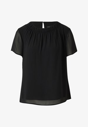 Zwarte blouse met korte mouwen, een geplooide halslijn en licht doorschijnende stof bij de mouwen en zoom, voorzien van een keyhole-knopsluiting aan de achterkant.