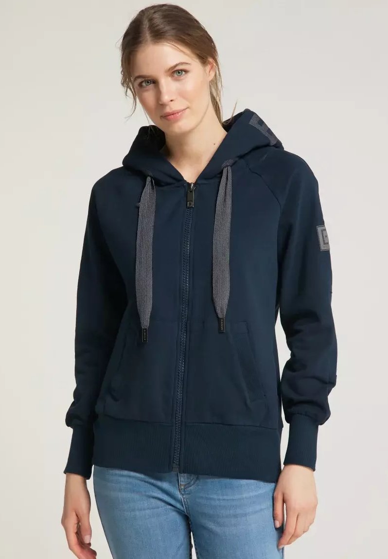 Navy Zip-Hoodie aus weichem Stoff, mit Kordelzugkapuze, zwei Fronttaschen, gerippten Bündchen und einem Logopatch am Ärmel.