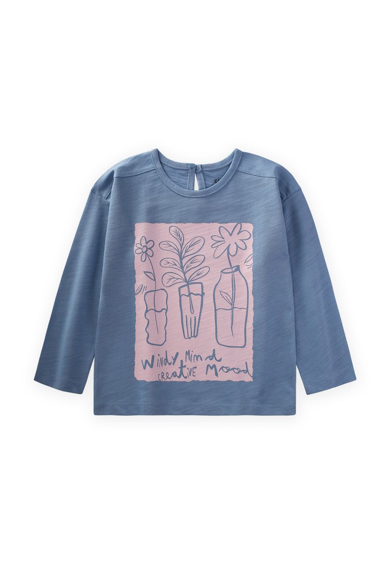 Mėlynas ilgomis rankovėmis vaikiškas marškinėliai su rožiniu piešiniu, kuriame pavaizduoti augalai ir akiniai, su tekstu "Vėjuota Mintis Kūrybinė Nuotaika". Minkšta tekstūra.