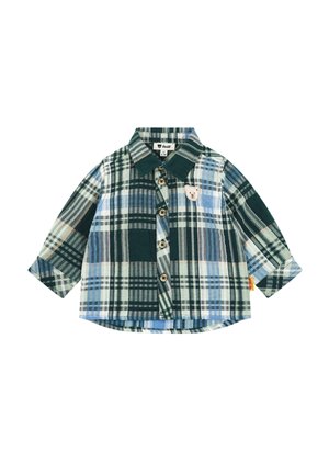 Langärmeliges Kinderhemd mit kariertem Muster in Grün, Blau und Weiß, mit Knöpfen und einem kleinen Teddybär-Aufnäher auf der Brust.