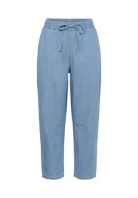 Lyseblå denimbukser med elastisk talje, snøre, tilspidsede ben og kontrastsyninger nær lommerne.