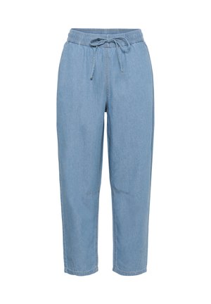 Pantaloni in denim blu chiaro con vita elastica, lacci da annodare, gambe affusolate e cuciture a contrasto vicino alle tasche.