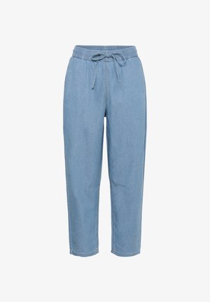 Lichtblauwe denim broek met een elastische tailleband, trekkoord, taps toelopende pijpen en contrasterende stiksels bij de zakken.