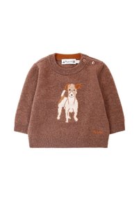 Maglione in maglia marrone con maniche lunghe, caratterizzato da un design di un cane ricamato sul davanti. Dettagli con bottoni sulla spalla. Texture morbida.