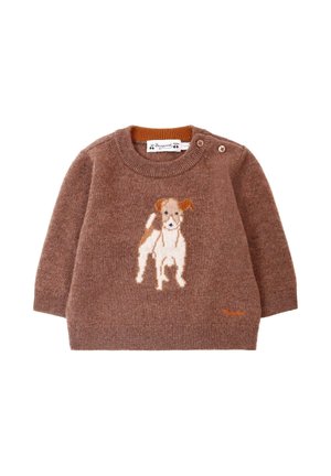 Brązowy sweter dzianinowy z długimi rękawami, z wyszywanym wzorem psa z przodu. Guziki na ramieniu. Miękka faktura.