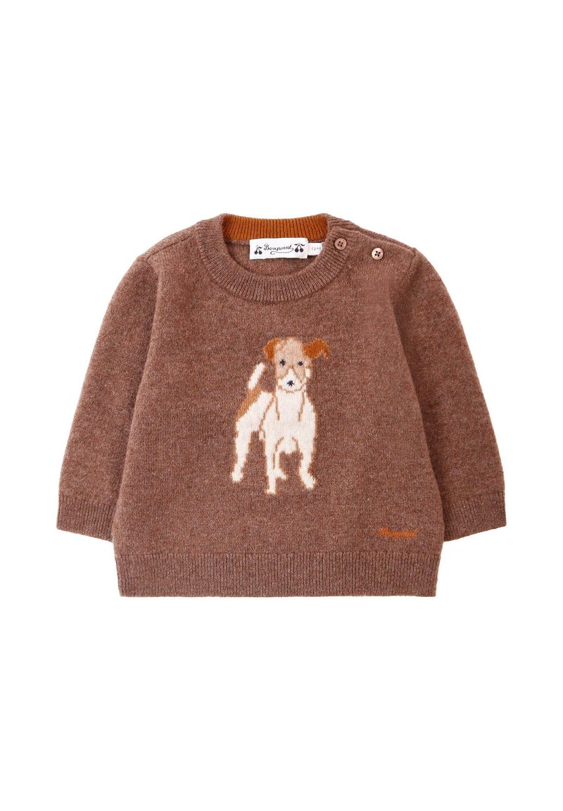 Maglione in maglia marrone con maniche lunghe, caratterizzato da un design di un cane ricamato sul davanti. Dettagli con bottoni sulla spalla. Texture morbida.
