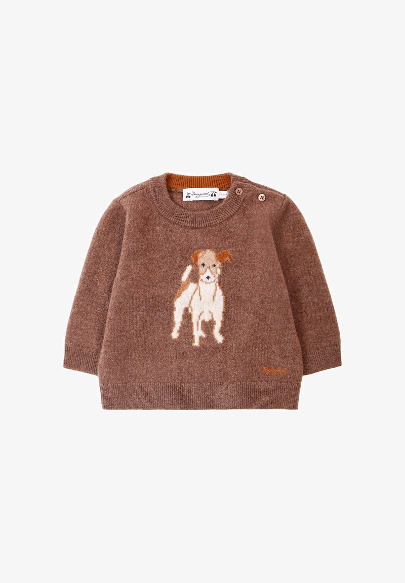 Brązowy sweter dzianinowy z długimi rękawami, z wyszywanym wzorem psa z przodu. Guziki na ramieniu. Miękka faktura.