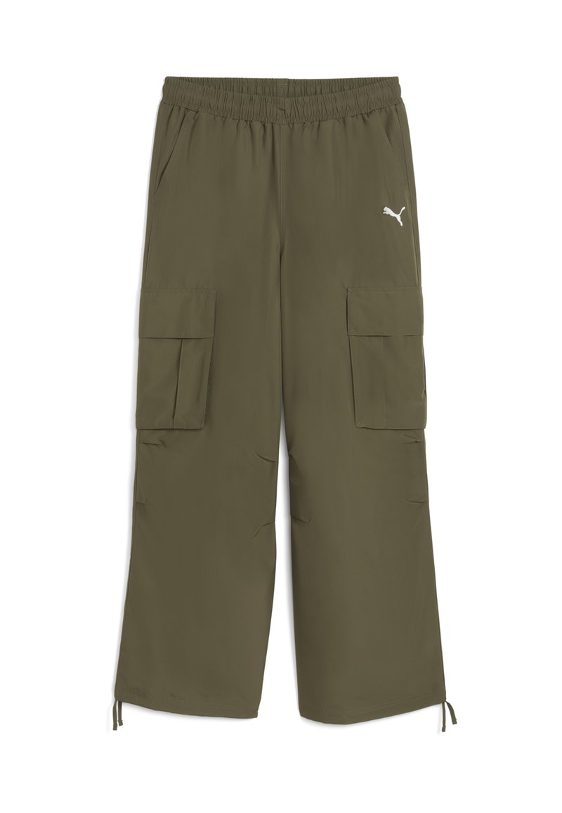 Cargo hlače od maslinaste tkanine s elastičnim pojasom, dva velika bočna džepa i donjim dijelovima s vezicama. Puma logo u bijeloj boji sprijeda.