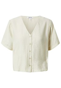 Crème-kleurige blouse met korte mouwen, een V-hals en knopen aan de voorkant. Zachte, gestructureerde stof met een ontspannen, boxy vorm.