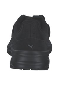 Schwarze Sportschuhe mit einem Obermaterial aus Mesh und einer gepolsterten Sohle. Verfügt über ein kleines reflektierendes Logo an der Ferse und ein elegantes Design.