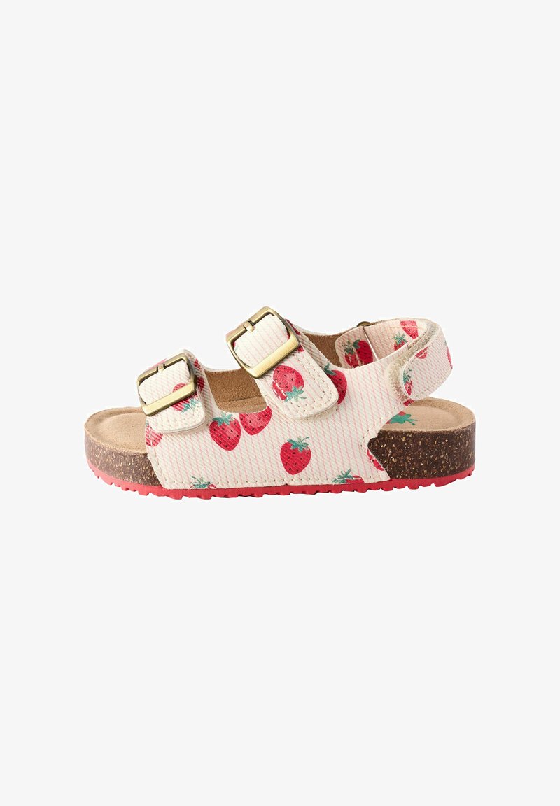 Sandale enfant à bout ouvert avec imprimé fraises, deux boucles réglables, semelle intérieure en liège et semelle en caoutchouc rose.