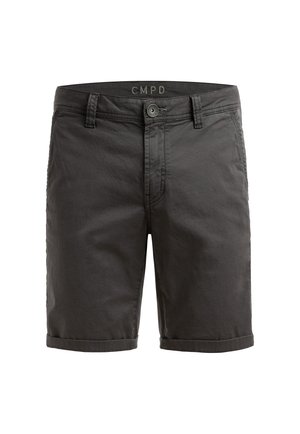 Dark gray men's knee-length shorts with button closure, belt loops, and rolled-up hems on a white background.