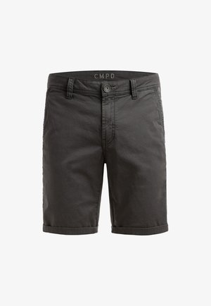 Dark gray men's knee-length shorts with button closure, belt loops, and rolled-up hems on a white background.