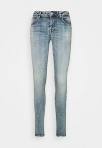 Smala jeans i ljusblå denim med en blekt tvätt, fem fickor och en metallknappstängning i midjan. Slät textur.