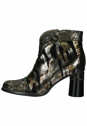 Ankle boot with a black and gold snakeskin pattern, metallic finish, and a chunky black heel. Features a side zip closure and a textured design.