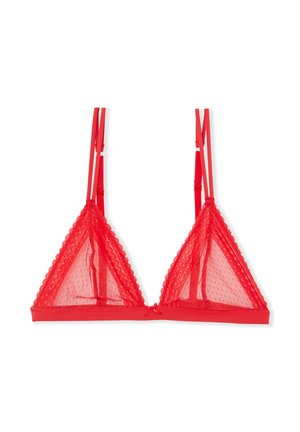 Red lace triangle bra featuring sheer fabric, scalloped edges, and adjustable straps. It has a decorative bow at the center front.