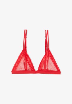 Red lace triangle bra featuring sheer fabric, scalloped edges, and adjustable straps. It has a decorative bow at the center front.