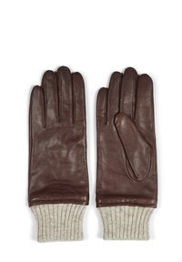 Brown leather gloves with a smooth texture, featuring ribbed beige knit cuffs. Stylish stitching and a pointed finger design.
