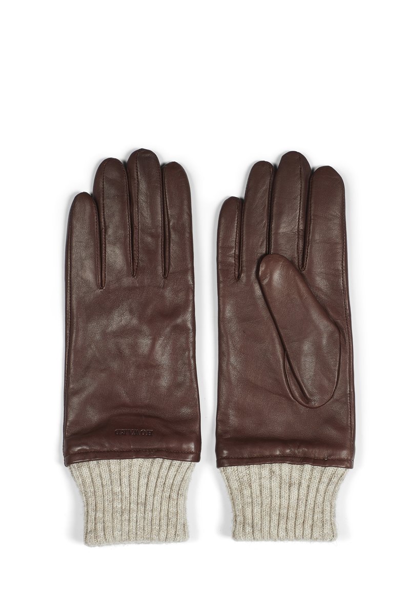Brown leather gloves with a smooth texture, featuring ribbed beige knit cuffs. Stylish stitching and a pointed finger design.