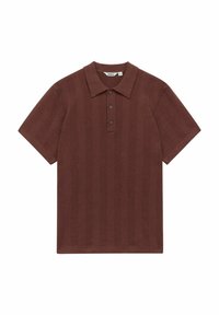 Brun kortærmet polo skjorte med et struktureret ribbet mønster, knaplukning og klassisk krave. Blødt stofmateriale.