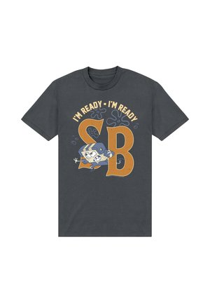 Ciemnoszara koszulka z dużymi pomarańczowymi literami "S" i "B", kreskówkową postacią bloku w hełmie i tekstem: „Jestem gotowy - Jestem gotowy.”