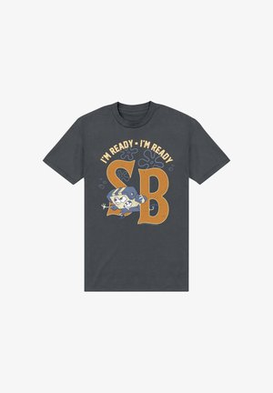 Ciemnoszara koszulka z dużymi pomarańczowymi literami "S" i "B", kreskówkową postacią bloku w hełmie i tekstem: „Jestem gotowy - Jestem gotowy.”