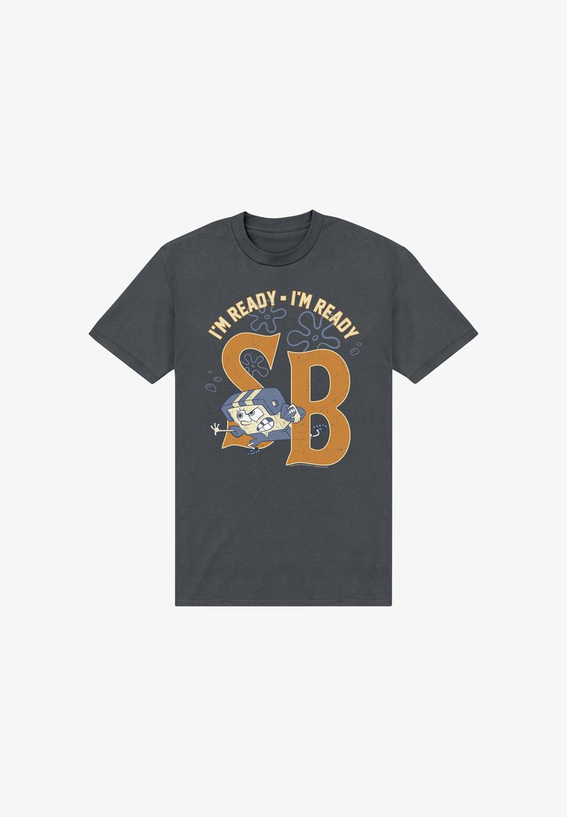 Ciemnoszara koszulka z dużymi pomarańczowymi literami "S" i "B", kreskówkową postacią bloku w hełmie i tekstem: „Jestem gotowy - Jestem gotowy.”