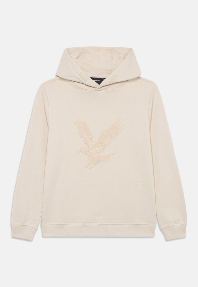 Crème kleurige hoodie met lange mouwen en een getextureerd arendontwerp in het midden van de voorkant.