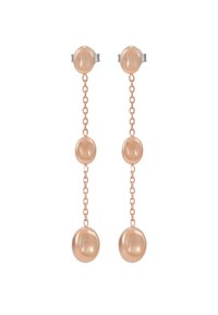 Örhängen i roségold med hängande design har tre glansiga, sfäriska kulor som är sammanlänkade med fina kedjor, och de har stiftbaksdelar i silverfärgad metall.