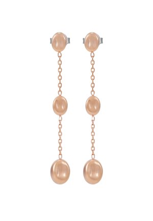 Los pendientes colgantes de oro rosa presentan tres cuentas esféricas brillantes, interconectadas por delicadas cadenas, con respaldos de tuerca en metal tono plateado.