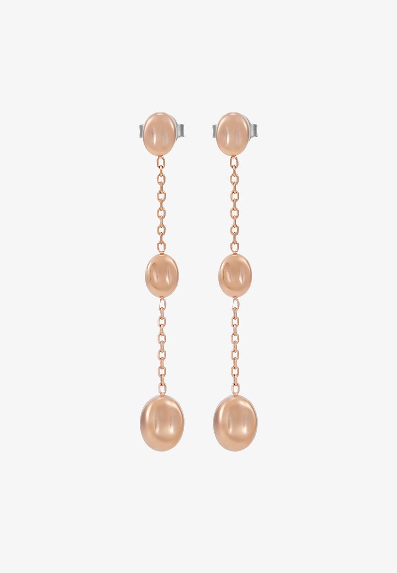 Ohrringe aus Roségold hängen mit drei glänzenden, kugelförmigen Perlen, die durch zarte Ketten miteinander verbunden sind, und haben Steckverschlüsse aus silberfarbenem Metall.