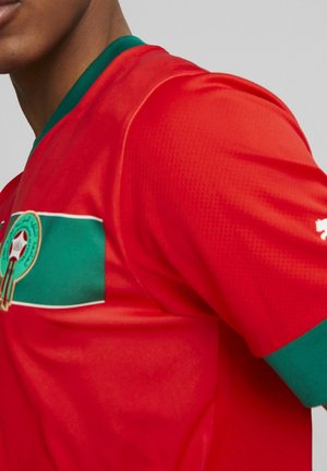 Rood sportshirt met een groene halslijn en een horizontale groene streep met een logo. Gemaakt van glad, ademend stof met een gestructureerd patroon.