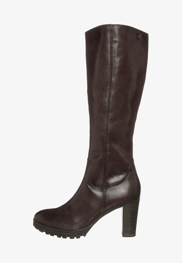 Brun läderknähöga stövel med en texturerad yta, rund tå, sidostygn och en kraftig hög klack. Gummisula för bra grepp.