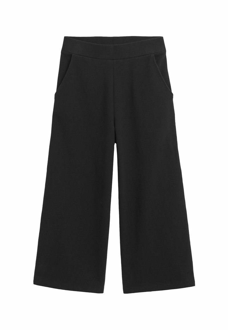 Pantalon noir à jambes larges avec taille élastique et poches latérales, étalé à plat sur fond blanc.