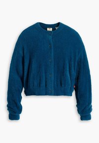 Cardigan flou et court en teal avec un col rond et cinq boutons sur le devant. Texture douce et manches longues légèrement bouffantes.