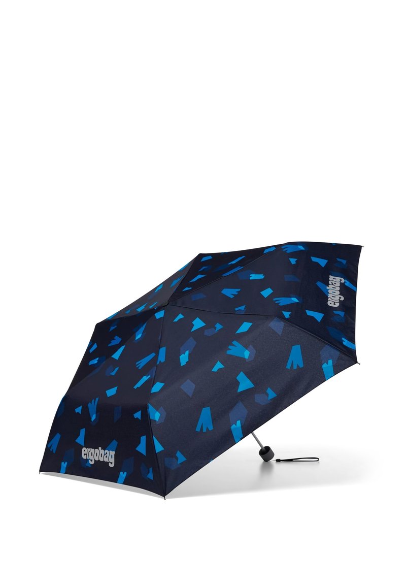 Navy umbrella with blue geometric patterns, featuring a straight handle and a compact design. Material appears water-resistant. Logo visible.
