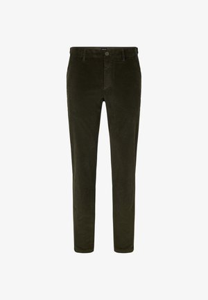 Pantaloni in corduroy khaki con design a gamba dritta, dotati di chiusura a bottone e una sottile texture a coste, che offre una finitura in tessuto morbido e liscio.