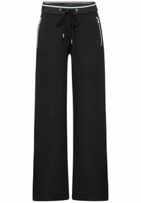 Svarta vida byxor i mjukt tyg, med dragsko i midjan, fickor med dragkedja på sidan och en kontrasterande midjebanddetalj.