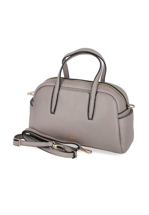 Graue Lederhandtasche mit doppelten Griffen und abnehmbarem Schulterriemen, die neben ihr auf einem weißen Hintergrund liegt.