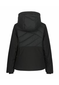 Czarna puchowa kurtka z kapturem, posiadająca pikowany wzór na górnej części pleców oraz gładką dolną sekcję. Teksturowany materiał o matowym wykończeniu.