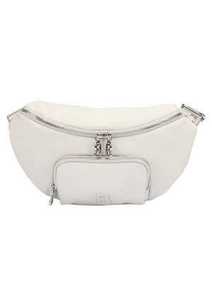 Biała nerka z dwoma zapinanymi na zamek komorami, srebrnymi suwakami i regulowanym paskiem z metalową klamrą.