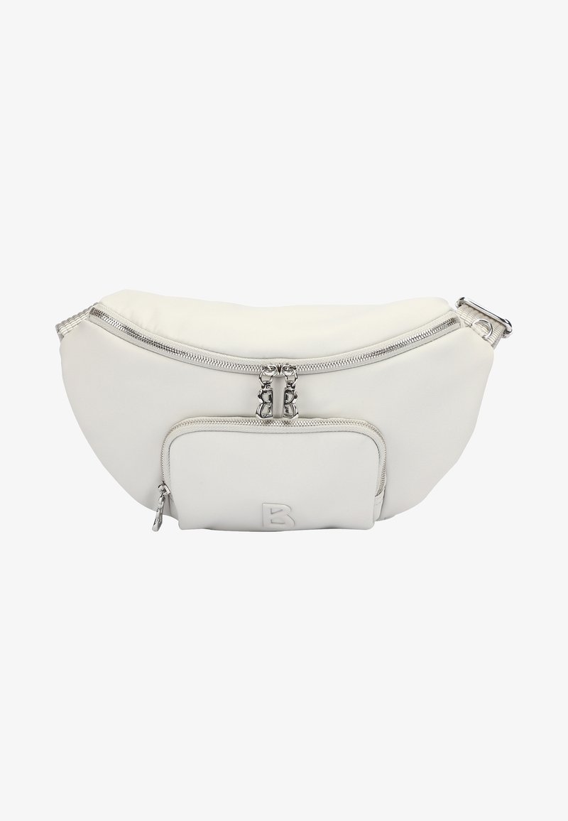 Sac banane blanc avec deux compartiments zippés, tirettes en métal argenté, et sangle ajustable avec boucle métallique.