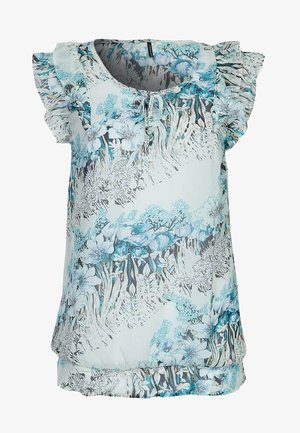 Top sans manches à motifs floraux en bleu clair et blanc, avec des épaules volantes et un col à cordon. Fabriqué à partir d'un tissu doux et léger.