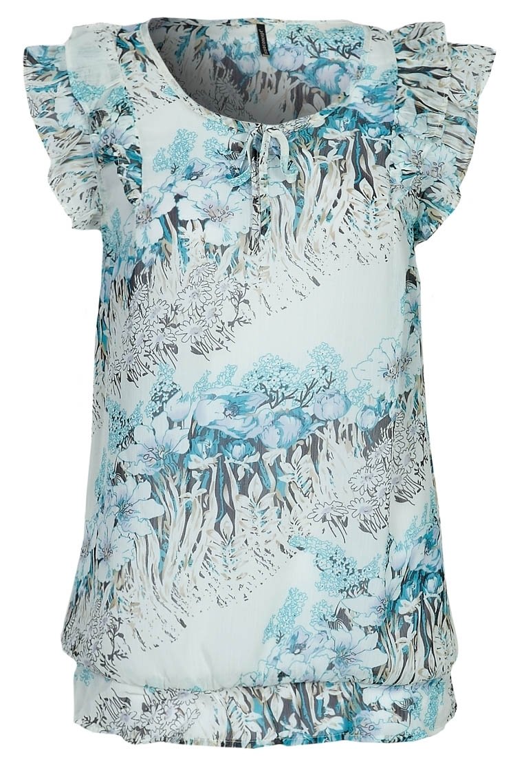 Ärmelloses Blumenshirt in Hellblau und Weiß, mit Rüschenschultern und einer Kordelzug-Ausschnitt. Hergestellt aus einem weichen, leichten Stoff.