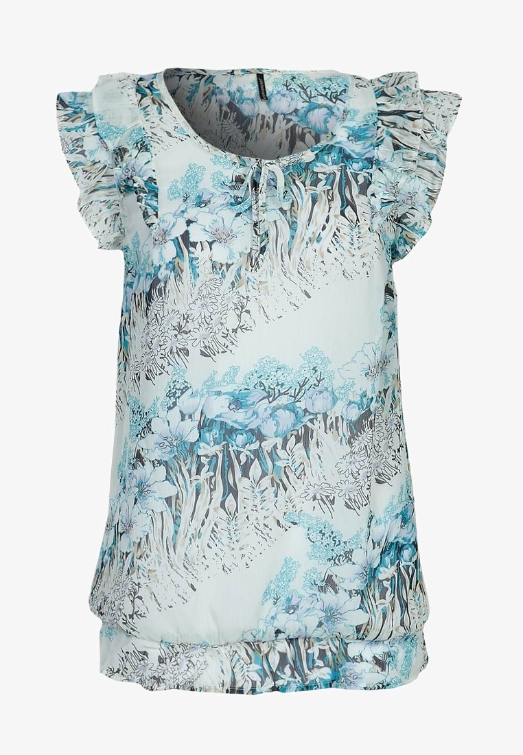 Blomsterærmeløs top i lyseblå og hvid, med volanger ved skulderne og snoretræk ved halsen. Fremstillet af et blødt, let stof.
