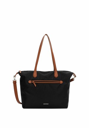 Bolsa tote negra con asas y detalles de cuero marrón, bolsillo delantero con cremallera y correa de hombro desmontable.