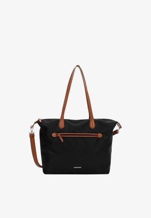 Zwarte draagtas met bruine leren handvatten en accenten, voorvak met rits en afneembare schouderriem.