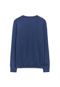 Marineblauer Pullover mit Rundhalsausschnitt, langen Ärmeln und gerippten Bündchen. Glatte Textur und einfarbig, keine Muster oder sichtbare Hardware.